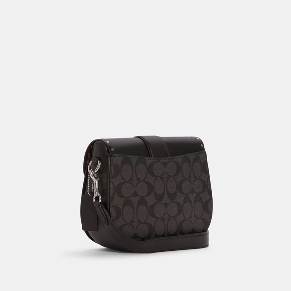 NEW Coach Georgie Saddle Bag In Colorblock Signature Canvas With Rivets Black - Picture 2 of 10